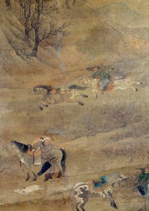 Mongolski jeździec goni konia. Szczegół. Jedwabny obraz autorstwa Fou Tchao Mong