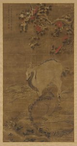 Jeleń, łania i czerwone kamelie w śniegu, 1367. autorstwa Zhou Yuan