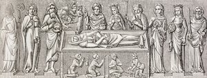 Po płaskorzeźbie na grobie księżnej Elżbiety Węgierskiej (1207 - 1231), katolickiej świętej, z "Życia wojskowego i religijnego w średniowieczu" Paula Lacroix opublikowanego w Londynie około 1880 roku autorstwa Ferdinand Georg Waldmuller
