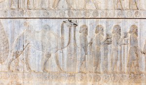 Starożytna płaskorzeźba Achemenidów; delegacja Partów z wielbłądem; Pałac Apadany; Strona archeologiczna; starożytne perskie miasto Persepolis; Światowego Dziedzictwa UNESCO; Prowincja Fars; Iran; Azja