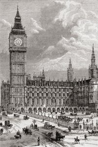 Big Ben i Houses of Parliament, Londyn, Anglia, widziany tutaj w XIX wieku. autorstwa . .