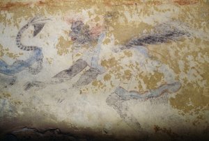 Demon, fresk, Grób Niebieskich Demonów, Nekropolia Tarquinia (Lista Światowego Dziedzictwa UNESCO, 2004), Lacjum, Włochy, Cywilizacja Etrusków, V wiek p.n.e. (zdjęcie)
