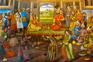 Fresk; bankiet z tancerkami; Shah Tahmasp przyjmuje indyjskiego cesarza Mogołów Homayun; 1544; Chehel Sotoun; Pałac Czterdziestu Filarów; Isfahan; Iran; Azja