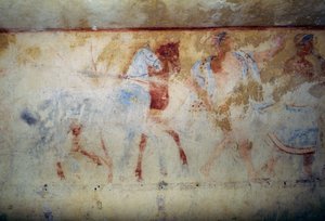 Kondukt żałobny z końmi i postaciami męskimi, fresk, Grób Błękitnych Demonów, Nekropolia Tarquinia (Lista Światowego Dziedzictwa UNESCO, 2004), Lacjum, Włochy Cywilizacja Etrusków, V wiek p.n.e. autorstwa Georg Carl Heinrich Dollmann