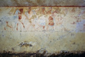 Kondukt żałobny z tancerzami i muzykami, fresk, Grób Błękitnych Demonów, Nekropolia Tarquinia (Lista Światowego Dziedzictwa UNESCO, 2004), Lacjum, Włochy Cywilizacja Etrusków, V wiek p.n.e. autorstwa Georg Carl Heinrich Dollmann
