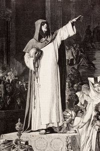 Girolamo Savonarola (1452  1498), włoski dominikanin głoszący kazania przeciwko niemoralności i luksusowi, który kusi grzech, według pracy De Langemantelsa, z „El Mundo Ilustrado”, wydanej w Barcelonie, około 1880 r. autorstwa Ferdinand Georg Waldmuller