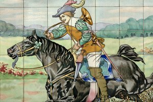 Widok wnętrza, panel kafelkowy, malarz Furcy Ernest Tondeur, egzekutor Boch Frères La Louvière, drugi panel przedstawia scenę polowania z galopującym jeźdźcem z rogiem myśliwskim autorstwa . .