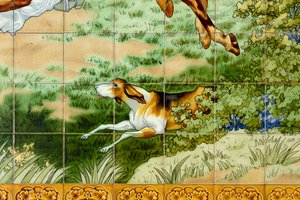 Widok wnętrza, panel kafelkowy, malarz Furcy Ernest Tondeur, egzekutor Boch Frères La Louvière, pierwszy panel, scena polowania z trzema jeźdźcami, detal autorstwa . .