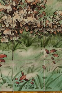 Widok wnętrza, panel kafelkowy, malarz Furcy Ernest Tondeur, wykonawca Boch Frères La Louvière, drugi panel, detal autorstwa . .