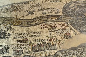 Jerycho i okolice, w tym rzeka Jordan i Morze Martwe, fragment mapy Ziemi Świętej, mozaika podłogowa, ok. 560 r., absyda bazyliki św. Jerzego, Madaba, Jordania, cywilizacja bizantyjska, VI w. n.e. autorstwa School Lebanese
