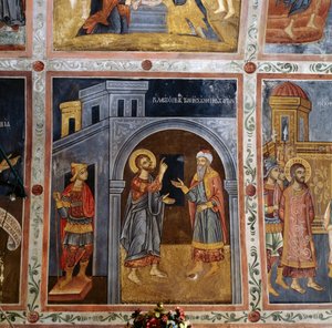 Jezus rozmawiający z Poncjuszem Piłatem, ozdobione freskami sklepienie ze scenami z życia Jezusa, klasztor Mikro Sotiris, wyspa Symi, Grecja (zdjęcie) autorstwa Georg Carl Heinrich Dollmann