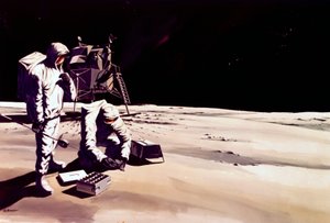 Załogowy lot kosmiczny, USA, Apollo, Ogólne wrażenie artysty o astronautach pracujących na Księżycu autorstwa Ferdinand Georg Waldmuller
