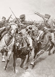 Konna walka między kozakami rosyjskimi a kawalerią niemiecką znaną jako Hussars of Death en Schwansfeld, między Korschen a Bartenstein, Prusy Wschodnie, sierpień 1914 podczas I wojny światowej, z La Esfera autorstwa Ferdinand Georg Waldmuller