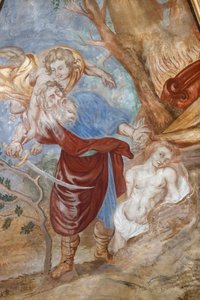 Kościół Matki Bożej Wniebowzięcia Kordonu. Fresk. Bóg nakazuje Abrahamowi, aby złożył w ofierze swojego syna Izaaka. Francja. Francja. autorstwa . .