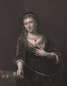 Portret Saskii van Uylenburgh (1612-1642), żony Rembrandta, rycina Daniela Johna Pounda z obrazu Rembrandta, z Królewskiej Galerii Drezdeńskiej Payne