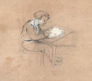 Uczeń w pracy na biurku. ok. 1830 (ilustracja) autorstwa . .