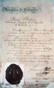Akt, na mocy którego Simon Bolivar ogłosił miasto San Miguel de Ibarra, stolicą okolicznej prowincji, wówczas częścią Wielkiej Kolumbii (dziś Ekwador), 2 listopada autorstwa Georg Carl Heinrich Dollmann