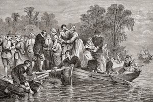 Tytoniowe żony lub tytoniowe panny młode przybywają do Jamestown w stanie Wirginia, USA autorstwa . .