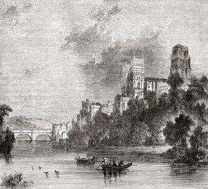 Widok na Durham i katedrę, widziany z rzeki Wear, Durham, Anglia autorstwa . .