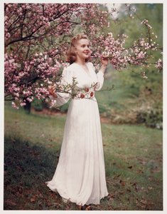 Kobieta modelująca sukienkę w pobliżu kwiatu, lata 40. autorstwa Frederick (attr. to) Barnard