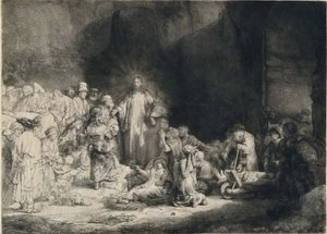 Chrystus z chorymi wokół siebie, przyjmujący małe dzieci („Odbitka stu guldenów”) autorstwa Rembrandt van Rijn