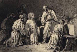 Jezus modlący się pośród swoich uczniów autorstwa after Albert Robida