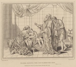 Elizeusz wskrzesił syna Szunamitów, 2 królów autorstwa after Benjamin West