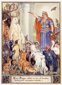 Wtedy Frigga przywołała do siebie wszystkie zwierzęta, ptaki i jadowite węże autorstwa after Charles Edmund Brock
