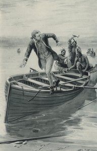 Kapitan James Cook wyskakuje ze swojej łodzi, gdy Czerwoni Indianie wskakują do środka