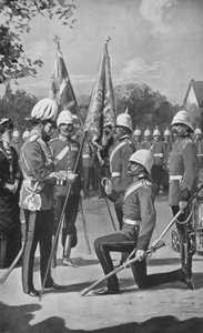 Król Edward przedstawia kolory królewskim walijskim fizylierom, 16 sierpnia 1880 r