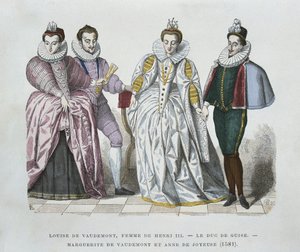 Louise of Lorraine-Vaudemont (1553-1601), żona Henryka III, księcia Guise (1549-88), Marguerite of Vaudemont (1564-1625) i Anne of Joyeuse (1561-87) autorstwa after Chevignard