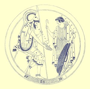 Siedzący wojownik trzyma swój kielich z winem, ilustracja z greckich obrazów wazonowych autorstwa J.E. Harrisona i D.S. MacColla, opublikowanych w 1894 r. (obraz ulepszony cyfrowo) autorstwa after English School