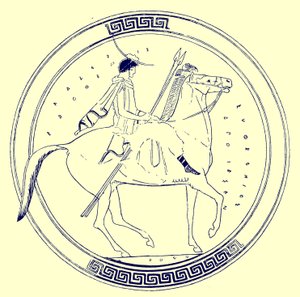 Chłopiec na koniu, ilustracja z greckich obrazów wazonowych autorstwa J.E. Harrisona i D.S. MacColla, opublikowana w 1894 r. (obraz ulepszony cyfrowo) autorstwa after English School
