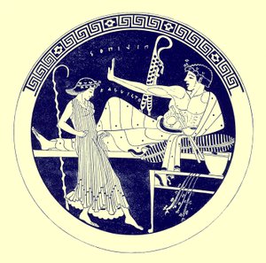 Tańcząca dziewczyna i ucztująca młodzież, ilustracja z greckich obrazów wazonowych autorstwa J. E. Harrisona i D. S. MacColla, opublikowana w 1894 r. (obraz ulepszony cyfrowo) autorstwa after English School