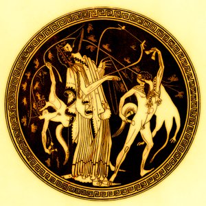 Dionizos i satyry, ilustracja z greckich obrazów wazonowych autorstwa J.E. Harrisona i D.S. MacColla, opublikowana w 1894 r. (obraz ulepszony cyfrowo)