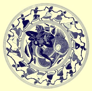 Herakles walczący z Trytonem, ilustracja z greckich obrazów wazowych autorstwa J. E. Harrisona i D. S. MacColla, opublikowana w 1894 r. (obraz ulepszony cyfrowo) autorstwa after English School