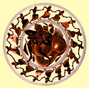 Herakles walczący z Trytonem, ilustracja z greckich obrazów wazowych autorstwa J. E. Harrisona i D. S. MacColla, opublikowana w 1894 r. (obraz ulepszony cyfrowo)