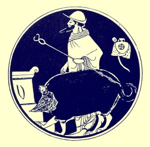 Hermes i pies w masce, ilustracja z greckich obrazów wazonowych autorstwa J. E. Harrisona i D. S. MacColla, opublikowana w 1894 r. (obraz ulepszony cyfrowo)