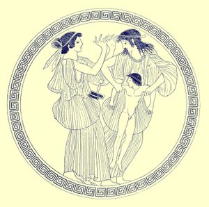 Prokne, Philomela and Itys, ilustracja z greckich obrazów wazonowych autorstwa JE Harrisona i D.S. MacColla, opublikowana w 1894 r. (obraz ulepszony cyfrowo)