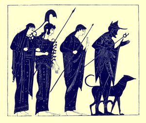 The Judgment of Paris, ilustracja z greckich obrazów wazonowych autorstwa J. E. Harrisona i D. S. MacColla, opublikowana w 1894 r. (obraz ulepszony cyfrowo)