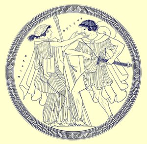 Tezeusz i Aethra, ilustracja z greckich obrazów wazonowych autorstwa J.E. Harrisona i D.S. MacColla, opublikowana w 1894 r. (obraz ulepszony cyfrowo)