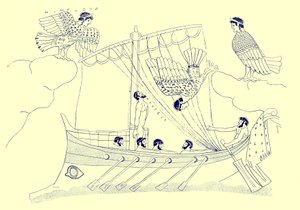 Ulisses and the Sirens, ilustracja z greckich obrazów wazonowych autorstwa J.E. Harrisona i D.S. MacColla, opublikowana w 1894 r. (obraz ulepszony cyfrowo)