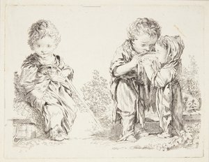 Dziecko siedzące na grudce ziemi i Mali pijący mleko autorstwa after Francois Boucher