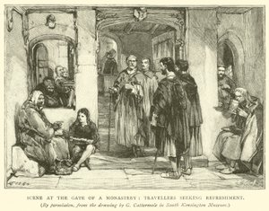 Scena przy bramie klasztoru, podróżnicy szukający orzeźwienia autorstwa after George Cattermole