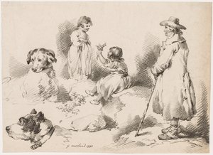 Studia nad dziećmi (dwie małe dziewczynki); Dwa psy; Mężczyzna autorstwa after George Morland