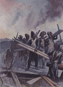 Francuscy żołnierze budują most pontonowy podczas bitwy pod Arcole, Włochy, 1796
