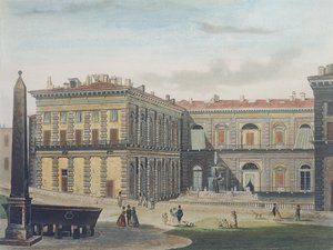 Wewnętrzny dziedziniec Palazzo Pitti, Florencja, rytowany przez Johanna Falkeisena (1804-83) i kolorowany przez L. Cherbuina, ok. 1842 (akwatinta) autorstwa after Italian School