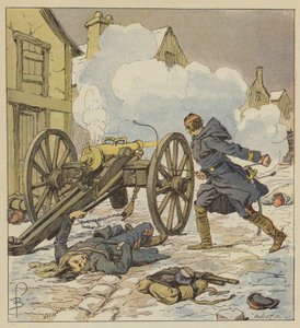 W Parigne kapitan artylerii wsparł odwrót, sam ładując i strzelając z ostatniego działa. autorstwa after Louis Charles Bombled
