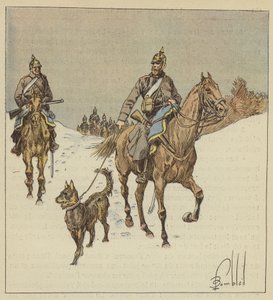 Jeźdźcy pruscy w rozpoznaniu, poprzedzeni psami trzymanymi na smyczy autorstwa after Louis Charles Bombled