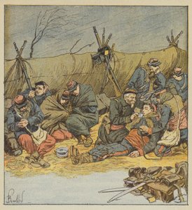 Żołnierze, nie mogąc dłużej przebywać w namiocie, improwizują schrony autorstwa after Louis Charles Bombled